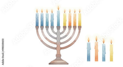 Hanukkah Menorah with Lit Candles and Extra Candles on White Background