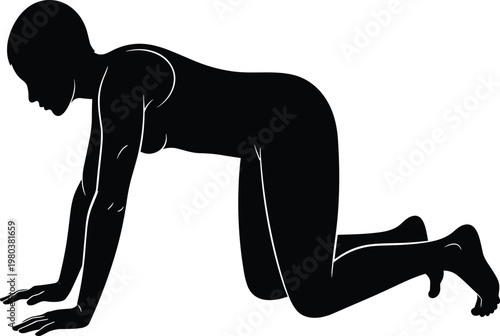 Black, female, body, silhouette, vector, illustration, woman, kneeling, on, all, fours, quadruped, pose, isolated, on, white, background, exercise, yoga, stretching.
