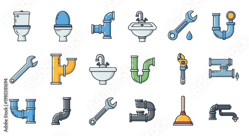 Plumbing Icons: Toilets, Sinks, Pipes, Wrenches, and Tools Set