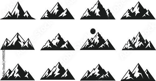 Black, mountain, peak, silhouettes, set, with, rocky, ranges, and, summits, isolated, on, white, background, vector, illustration, collection, for, outdoor, adventure.