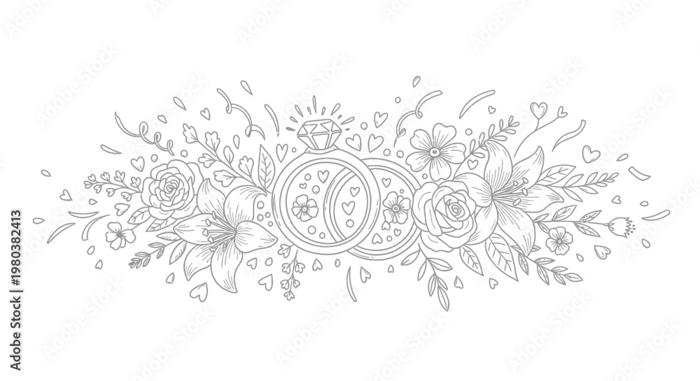 Obraz premium Elegant Wedding Ring Illustration with Floral Accents and Decorative Elements