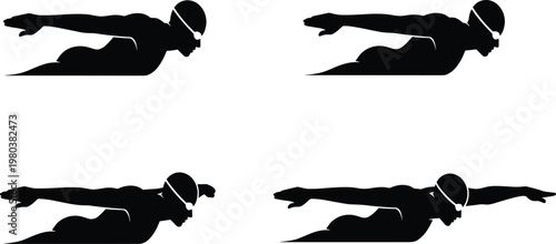 Black, swimmer, silhouettes, set, with, athlete, performing, butterfly, stroke, isolated, on, white, background, vector, illustration, for, swimming, sports, competition, collection.