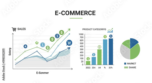 E-commerce business graphs, charts, and infographics. Vector e-commerce analytics, market share and sales data visualization. E-commerce statistics, web shopping metrics