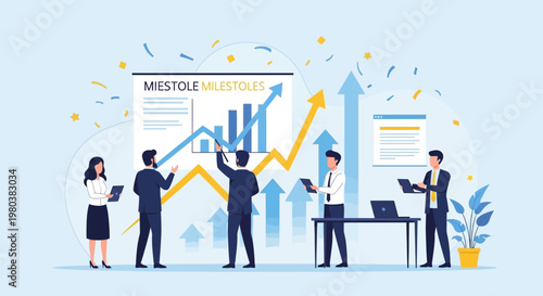 Business team celebrating success with growth chart and confetti, milestone achievement concept