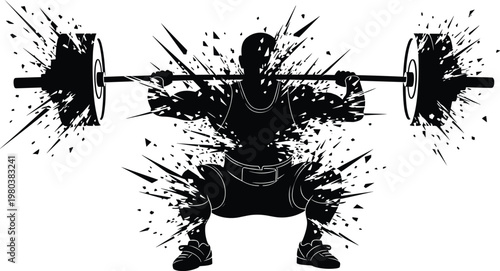 Bodybuilder weightlifting silhouette with explosive splash effect, powerlifting athlete squatting with barbell, gym fitness motivation illustration on white background, vector art.