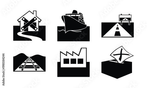 Monopoly Property Icons Set House Ship Railroad Factory Ballot Box Silhouette Black