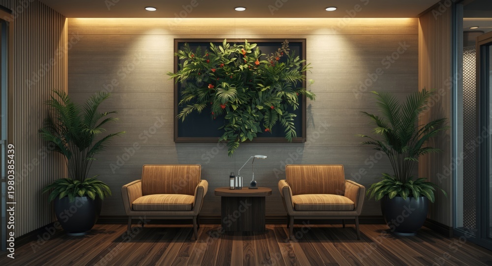 Fototapeta premium Quiet healthcare waiting area with plush chairs and flourishing botanical accents