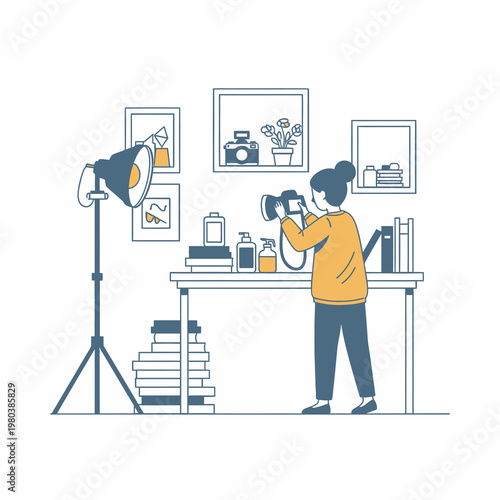 Minimalist vector illustration of a female blogger using a professional camera to take product photos of cosmetic bottles on a desk with studio lighting and books.