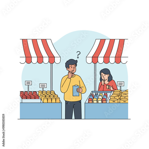 Flat vector illustration of a man holding a clipboard and standing between two outdoor market stalls with striped awnings while comparing various food items and making a decision.