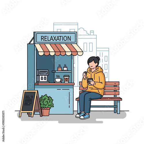 Vector illustration of a young woman in a yellow hoodie sitting on a wooden bench drinking coffee next to a blue street kiosk named Relaxation in a city environment.