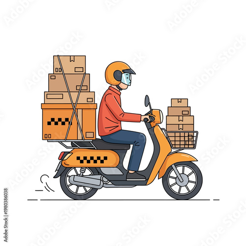 Vector illustration of a motorcycle taxi delivery rider on an orange scooter carrying multiple stacked cardboard boxes on the rear rack and front basket, isolated on white.