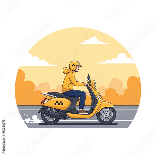 Vector illustration of a male motorcycle taxi driver wearing a yellow hoodie and helmet, riding a yellow scooter on an asphalt road with a circular sunset and cloud background.