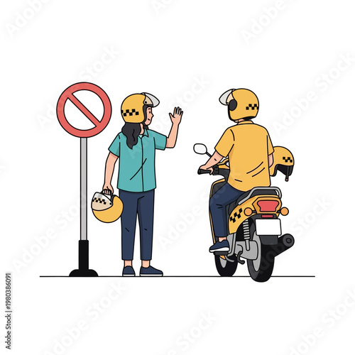 Vector illustration of a female passenger wearing a yellow helmet waving to a motorcycle taxi driver on a yellow scooter near a prohibited road sign isolated on white background.