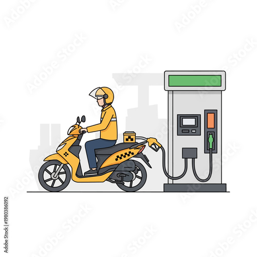 Vector illustration of a motorcycle taxi rider in a yellow uniform refueling a scooter at a gas station pump with nozzle attached, featuring a city skyline and minimalist background.