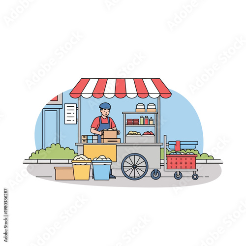 Vector illustration of a male vendor closing a mobile street food stall on a sidewalk, packing cardboard boxes and organizing food containers under a red and white striped awning.
