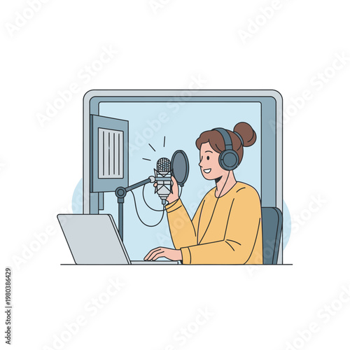 A woman voice-over artist wearing headphones and a yellow sweater records audio in a professional studio booth with a condenser microphone, pop filter, and laptop computer.