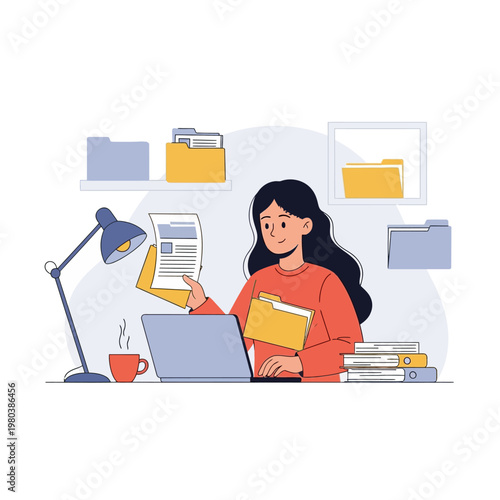 Flat vector illustration of a woman in a red top sitting at a desk with a laptop, organizing yellow file folders and documents with a desk lamp, coffee mug, and binders.