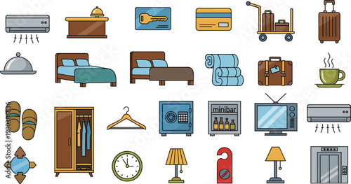 Hotel and Hospitality Vector Set with Bed Luggage Room Service and Travel Amenities