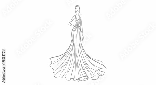 Elegant fashion illustration of a flowing evening gown, sketch style, showcasing a graceful silhouette with a dramatic train