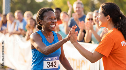 Marathon runner high-fiving volunteer showing community support teamwork spirit perfect for sports fitness wellness lifestyle charity event editorial promotional content