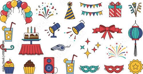 Party Celebration Vector Set with Balloons Cake Gifts Confetti and Festive Decorations