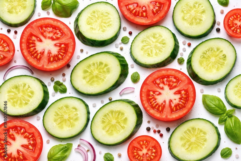 Naklejka premium Cucumber and Tomato Slices Arranged on White Background
