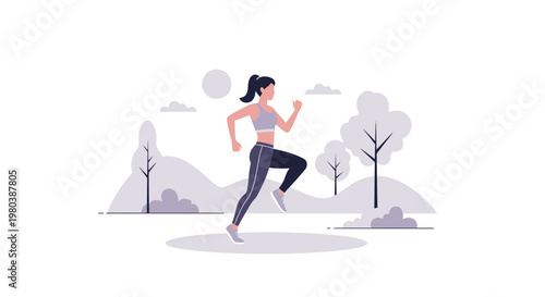 Active young woman jogging through a serene park landscape with trees and hills in the background