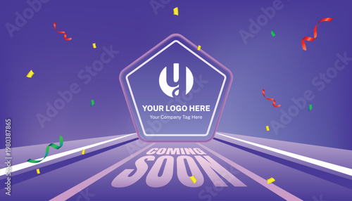 Modern coming soon announcement banner with hexagon logo frame and colorful confetti on a purple background. Clean promotional template ideal for brand launch, marketing campaigns.