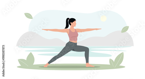 Woman practicing Warrior II yoga pose outdoors with a scenic natural background