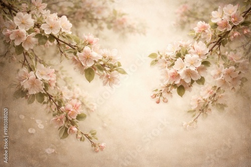 Delicate vintage apple blossom branches on a softly textured backdrop capturing spring tranquility