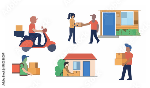 Courier delivery workers with scooter and parcels vector illustration