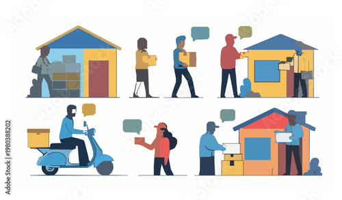 Home delivery courier parcel service cartoon vector illustration set