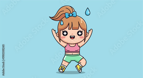 Cute cartoon girl joyfully engaging in an energetic workout, radiating enthusiasm while sweating from her physical activity, perfect for illustrating fitness and health concepts