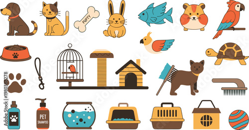 Pet Animals and Accessories Vector Set with Dog Cat Bird Fish and Pet Care Items