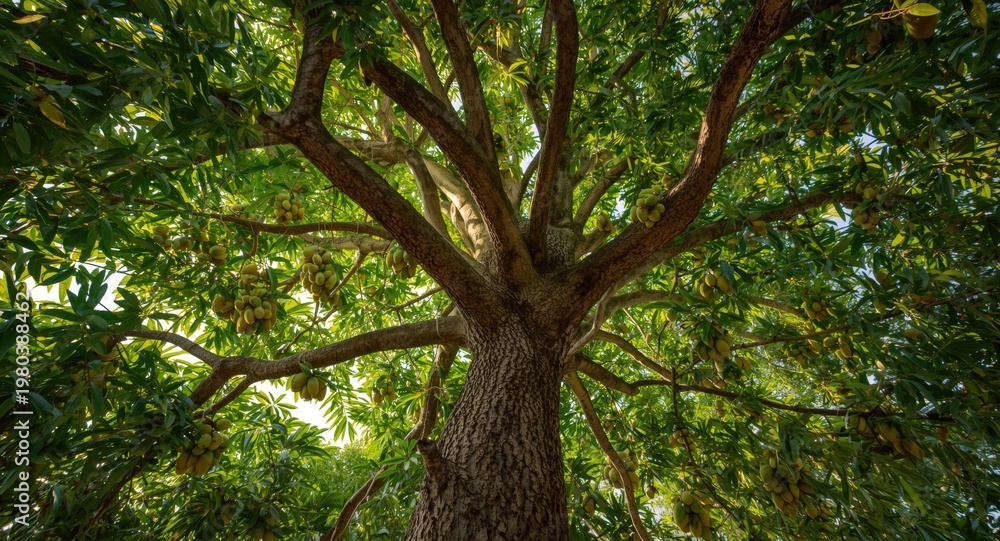 Fototapeta premium Mango tree loaded with small green round fruits viewed from below