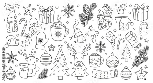 Festive Christmas and Winter Holiday Doodle Sketch Collection Hand-Drawn Line Art Elements for Seasonal Designs and Creative Projects