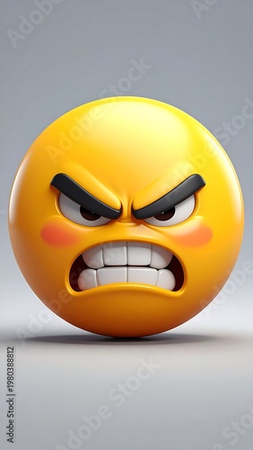A 3D rendered angry emoji with a yellow face and furrowed brow