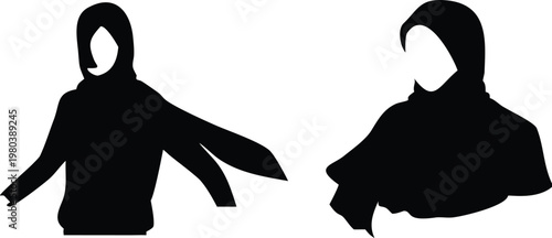 Silhouette of woman wearing hijab and scarf in different poses illustration isolated on white background.