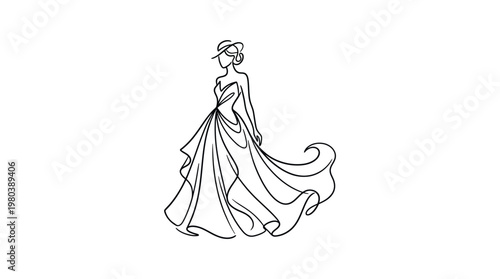 Elegant Bride in Flowing Gown Line Drawing