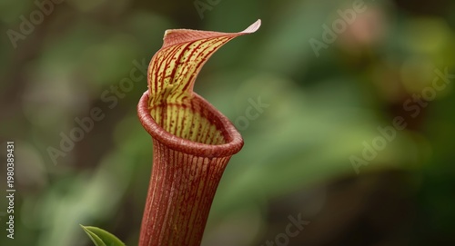 Vivid portrait of an insectivorous flower from Sarracenia with a gentle out of focus background