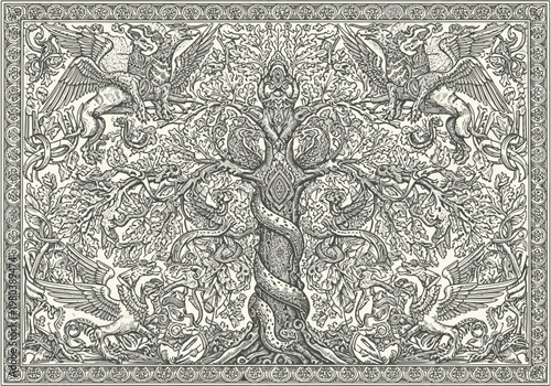 Intricate and detailed vintage engraving illustration of a mystical tree of life adorned with mythical creatures and symbolic patterns