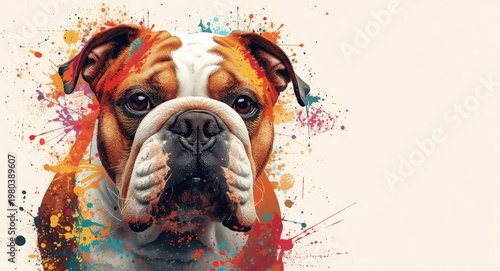 portrait of a bulldog overlaid with energetic paint splatter effects