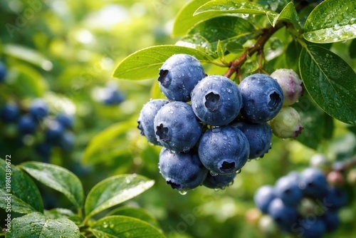 Close up of fresh blueberries hanging on branches with vibrant garden greenery