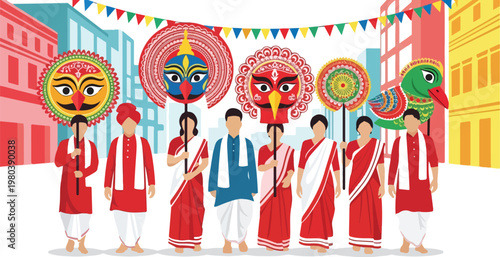 A vibrant illustration of people celebrating a traditional Indian festival, holding colorful cultural masks and decorative fans, with festive bunting and buildings in the background.