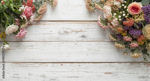 Vintage white table featuring weathered wood texture decorated with fresh flowers
