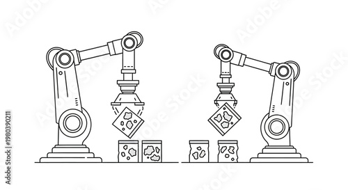 Line art illustration showcasing robots on an automation manufacturing assembly line, placing items into jars with precision, the monochromatic design emphasizing technological integration