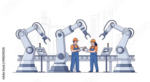 Automation manufacturing illustration shows workers collaborating on a robotic arms assembly line, using vector design in a clean style against a white background, depicting industry
