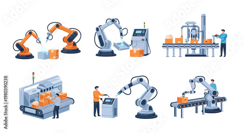 Six colorful vector illustrations depict robotic arms performing automation manufacturing tasks, showcasing Industry 4.0 concepts against a clean white background with a focus on precision