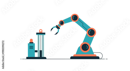A blue robotic arm illustration performs automated assembly in a modern factory, rendered in a clean vector style with a minimalist design against a white background, conveying precision