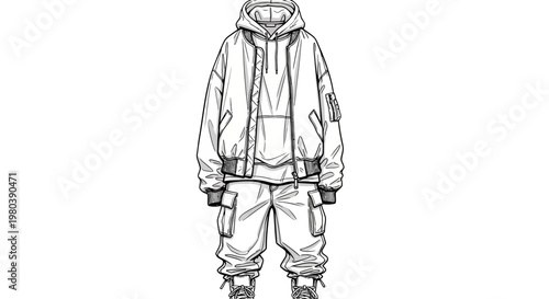 Detailed sketch of a modern hooded bomber jacket and cargo pants outfit on a white background